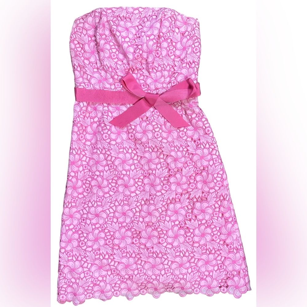 Lilly Pulitzer Sleeveless Tube Corset Fit and Flare Dress Pink Floral Lace Sz 8